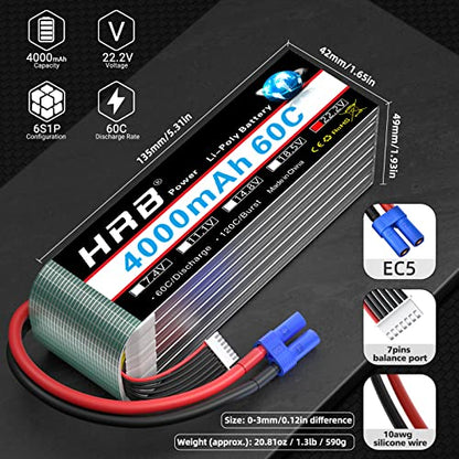 HRB 2PCS 6S Lipo Battery EC5 22.2V 4000mAh 60C Compatible with RC Plane