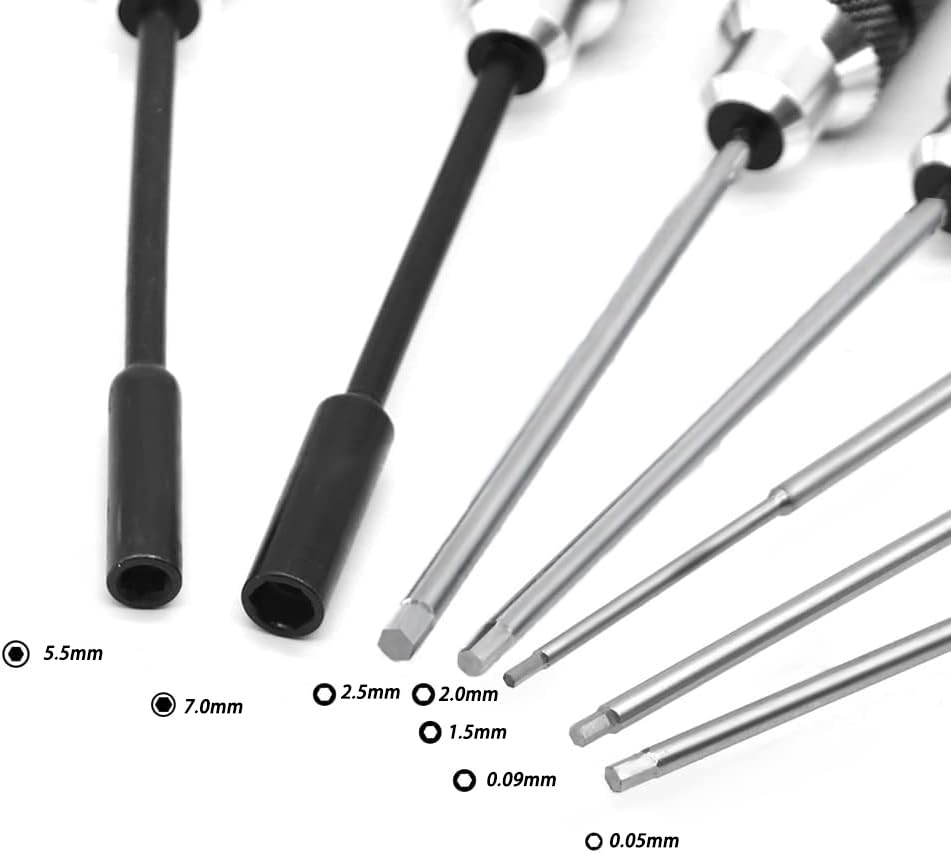 Drone Tool Kit -7Pcs RC Hex Driver Set – Steel 0.05″ Allen Wrench 0.9mm 1.5mm 2.0mm 2.5mm nut Driver 5.5mm 7.0mm Aluminum Handle Steel Hexagon Screwdriver for traxxas RC Car Truck FPV Helicopter