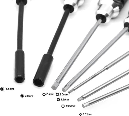 Drone Tool Kit -7Pcs RC Hex Driver Set – Steel 0.05″ Allen Wrench 0.9mm 1.5mm 2.0mm 2.5mm nut Driver 5.5mm 7.0mm Aluminum Handle Steel Hexagon Screwdriver for traxxas RC Car Truck FPV Helicopter