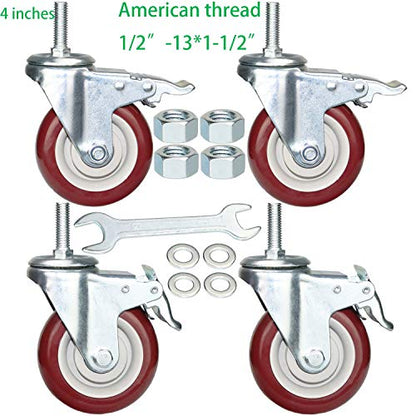 4 Inch Swivel Stem Casters Heavy Duty American Size UNC 1/2"-13x1-1/2 Stem Thread Wheels 360 Degree Durable Wheels Dual Safety Locks Castors with 800 Lbs Capacity Pack of Four - color: Red, size: 4 Inch