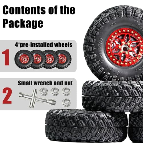 2.2 RC Crawler Tires 1/10 Beadlock Wheels 12mm Hex, Mud Terrain Rock Tires Soft Rubber 5.0x1.9, Aluminum Beadlock Rims 5.5mm Offset, RC Wheel Tire Set for SCX10 TRX4 TRX6 Gen8 VS4-10 D90 CFX - color: Red