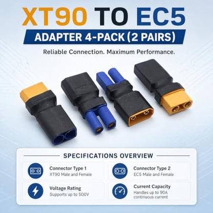 XT90 to EC5 Adapter, 4-Pack, No-Wire Connector | For RC LiPo and NiMH battery, charger and ESC connection, compact direct plug-in design