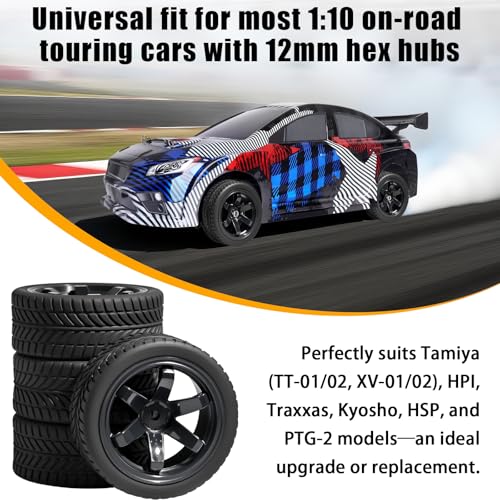 OD 2.55" On Road Rubber Tires Plastic Wheel Rims 12mm Hex for 1/10 RC Car | Compatible with MJX HSP Tamiya HPI Kyosho Traxxas Sakura Redcat WLtoys 1/10 RC On-Road Racing Touring Car (4pcs, Black) - style: G-Black