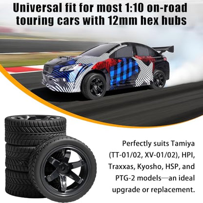 OD 2.55" On Road Rubber Tires Plastic Wheel Rims 12mm Hex for 1/10 RC Car | Compatible with MJX HSP Tamiya HPI Kyosho Traxxas Sakura Redcat WLtoys 1/10 RC On-Road Racing Touring Car (4pcs, Black) - style: G-Black