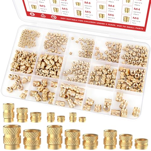 Newdeli 400pcs Threaded Inserts M2 M2.5 M3 M4 M5 M6 Heat Set Inserts Kit for Plastic and 3D Printing Components- Brass Metric Knurled Nuts Assortment Kit - size: M2 M2.5 M3 M4 M5 M6 (400 pieces)