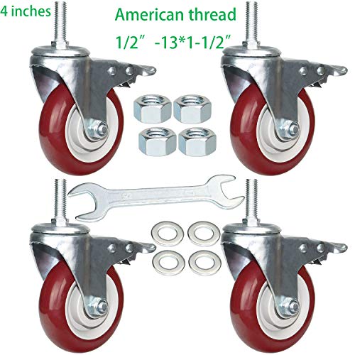 4 Inch Swivel Stem Casters Heavy Duty American Size UNC 1/2"-13x1-1/2 Stem Thread Wheels 360 Degree Durable Wheels Dual Safety Locks Castors with 800 Lbs Capacity Pack of Four - color: Red, size: 4 Inch