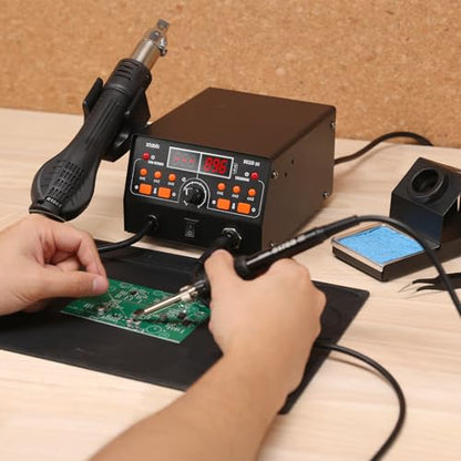 902D III Hot Air Soldering Station 2-IN-1 Kit with 3 Preset Channels, Small Silicone Work Mat, 4 Soldering Tips, 2 Lead-free Solder, Solder Sucker, ESD-Safe Tweezers