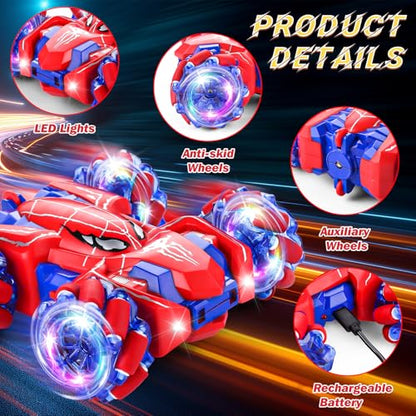 Spider Remote Control Car Headlight Double Sided Off-Road 360° Rotating Car | 2.4Ghz Rechargeable RC Stunt Car 4WD RC Drift Stunt Car for Boys Indoor Outdoor Toys 4-6 5-7 8-13 - color: Single Control Red