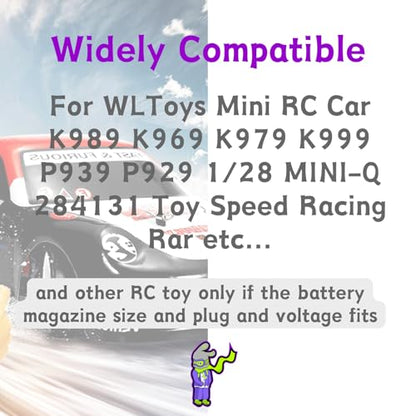 2S 7.4V 1000mAh 20C Battery with JST Plug Compatible with WLToys Mini RC Car K989 K969 K979 K999 P939 P929 1/28 MINI-Q 284131 Toy Speed Racing Truck with Charger