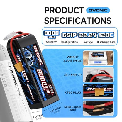 OVONIC 6S Lipo Battery 22.2V 8000mAh 120C with XT60 to EC5 Connector for RC Car Truck Vehicles Boat Drone Airplane Quadcopter Helicopter FPV Racing Hobby Models Pro Truck Boat Jet Basher 2 Batteries
