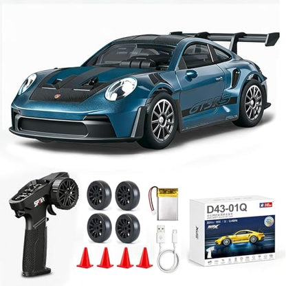 ARRIS 1/43 911 RC Drift Car 4WD with Gyro Full Proportional RTR | Alloy Body, 20KM/H Speed, Extra Drift Tires, Silent Bearings, LED Lighting - color: Blue-911