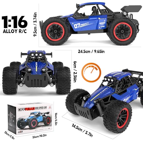 1/16 Scale Remote Control Monster Truck, 20 + km/h Outdoor 2WD Off Road Hobby RC Truck With LED light & rechargeable battery, All Terrain Fast RC Car Toy, Ideal Gift for Kids Boys & Girls Age 6-12 - color: Blue