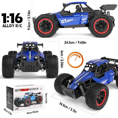 1/16 Scale Remote Control Monster Truck, 20 + km/h Outdoor 2WD Off Road Hobby RC Truck With LED light & rechargeable battery, All Terrain Fast RC Car Toy, Ideal Gift for Kids Boys & Girls Age 6-12 - color: Blue