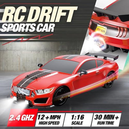 Liberty Imports RC Drift Car 1/16 2.4GHz 4WD Remote Control Sport Racing On-Road Vehicle with LED Light, Batteries and Drift Tires (Red) - color: Red