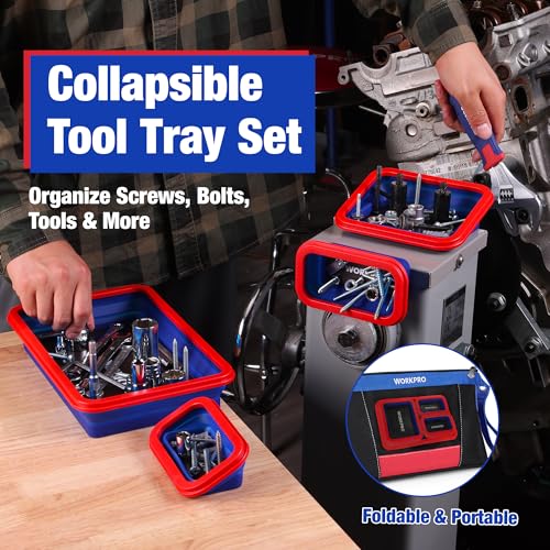 WORKPRO 4PC Collapsible Magnetic Parts Tray Set, Double-Sided Magnet Bowl for Screws, Nuts, Pins, Foldable Bolt Tray for Garage, Maintenance, Silicone Mechanic Tools Gift for Man, 11 Inch & 6.3 Inch