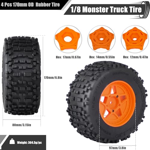 3.8" MT Monster Truck Tires with Foam Insert - 17mm/14mm/12mm Hex Adapters Included, Compatible with TRAXXAS Sledge, ARRMA KRATON, Outcast, Tamiya, HSP (Set of 4), Replacement Part of AR510092 - color: Orange Rim, size: 5