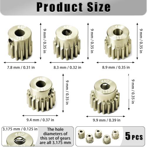 5Pcs 48P Aluminum Alloy Pinion Gear Set 3.175mm 13T 14T 15T 16T 17T Motor Pinion Gear W/ M4 Screw and Hex Key, Fit 3.175mm (1/8-Inch) Shaft, for Arrma HPI Kyosho Losi Axial Traxxas Tamiya 1/10 RC Car - size: 48P-P-3.175mm-13-17T