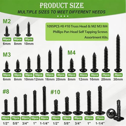 mxuteuk #8#10 & M2 M3 M4 Self Tapping Screws Kits,410 Stainless Steel Truss Head Self Drilling Screws and Carbon Steel Phillips Pan Head Self Tapping Screws for Plastic,Wood (1095PCS - size: BK #8 #10 & M2 M3 M4 Kit, style: Truss & Pan Head