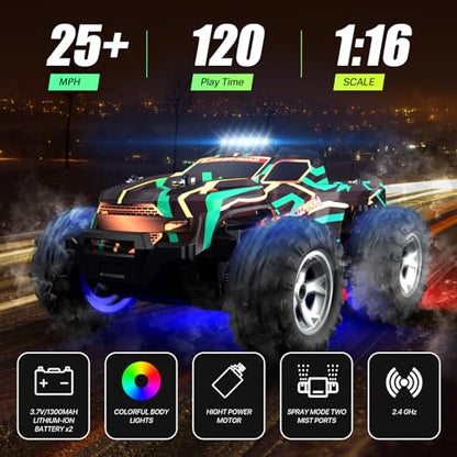 Resosese Remote Control Car for Boys, 1:16 Scale All Terrain RC Cars,High Speed 25Km/h Fast Car with Colorful Led Light and Spray RC Truck,Toy Car Gift for 6 7 8 9-14 Year Old Boys