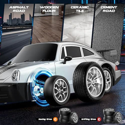 RC Drift Car 1:24 Scale, 4WD Remote Control Car with LED Lights 20KM/H High Speed, Dual-Mode Racing & Drifting Toy Car with 2 Batteries, Gift for Kids & Adults, Silver - color: Silver