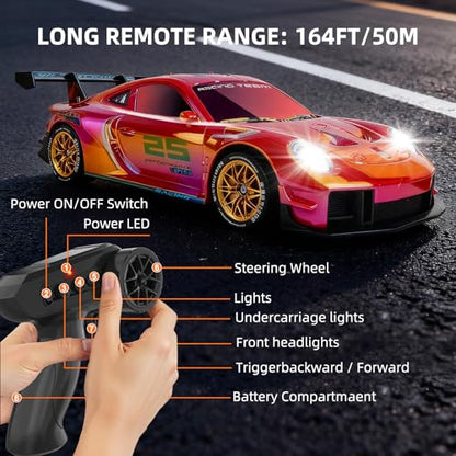 RC Drift Car,1:24 Scale Remote Control Vehicle for Kids,20KM/H 4WD High Speed RC Cars with LED Lights,2 Batteries & Drift Tires Racing Toy for Adults,Kids,Boys and Girls
