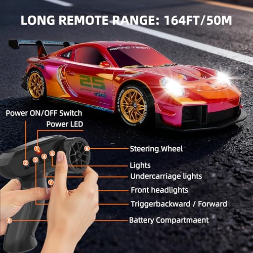 RC Drift Car,1:24 Scale Remote Control Vehicle for Kids,20KM/H 4WD High Speed RC Cars with LED Lights,2 Batteries & Drift Tires Racing Toy for Adults,Kids,Boys and Girls