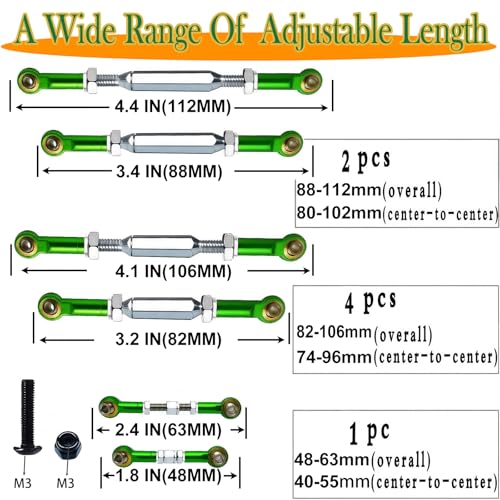 Stainless Steel Turnbuckles Compatible with Slash Rustler Stampede,Green | 74-112mm Adjustable Camber Links with Spacers & Wrench for 1/10 Traxxas Slash 2WD 4X4, Rustler VXL, Hoss 4X4, Nitro Slash - color: Stainless Steel & Green