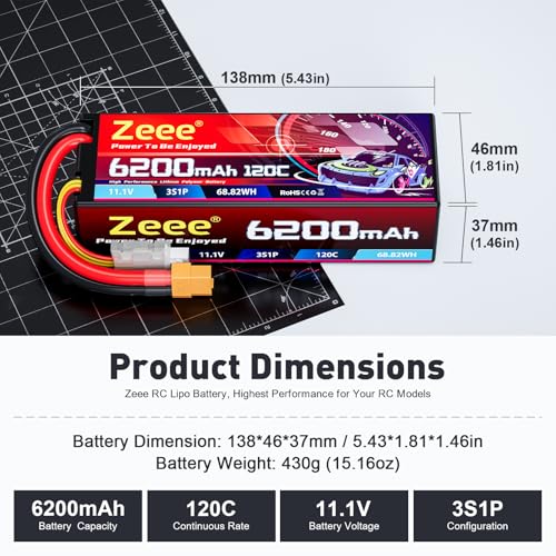 Zeee 3S Lipo Battery 6200mAh 11.1V 120C Hard Case RC Battery with XT60 Connector for 1/8 1/10 Scale Vehicles RC Car Tank Trucks Racing Models(2 Pack)