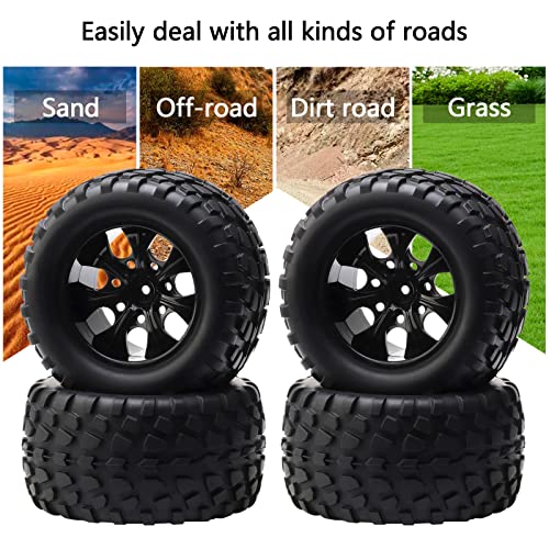 4-Pack 12mm Hex RC Wheels and Tires Set For 1/10 Scale Off Road Monster Truck, Rubber Tyre with Foam Inserts Locknuts Washers for HSP 94188 Volcano S30 etc | For Traxxas Rustler Stampede Slash, Arrma Senton Granite, RC Monster Truck - style: 7 Spokes-Blac