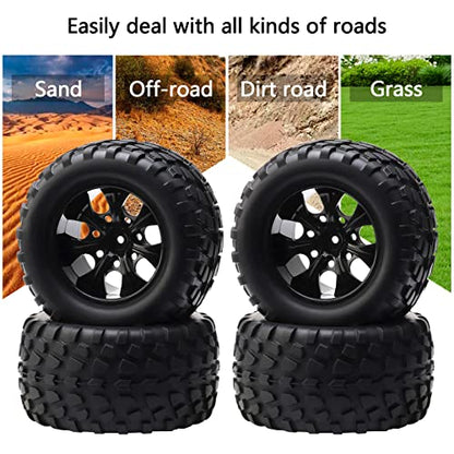 4-Pack 12mm Hex RC Wheels and Tires Set For 1/10 Scale Off Road Monster Truck, Rubber Tyre with Foam Inserts Locknuts Washers for HSP 94188 Volcano S30 etc | For Traxxas Rustler Stampede Slash, Arrma Senton Granite, RC Monster Truck - style: 7 Spokes-Blac