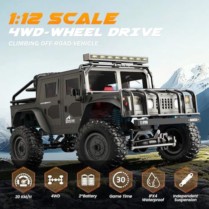 SIMREX 1:12 Scale All-Terrain Remote Control Car, 4WD RC Cars with 2.4 GHz, RC Climbing Truck, IPX4 Waterproof Off-Road Vehicle with Two Rechargeable Batteries, for Kids Teens Adults - color: Gray, size: 1:12
