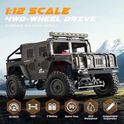 SIMREX 1:12 Scale All-Terrain Remote Control Car, 4WD RC Cars with 2.4 GHz, RC Climbing Truck, IPX4 Waterproof Off-Road Vehicle with Two Rechargeable Batteries, for Kids Teens Adults - color: Gray, size: 1:12