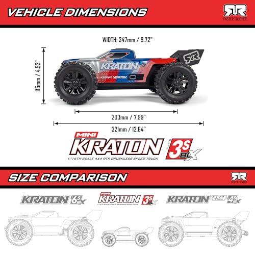 ARRMA 1/16 Mini Kraton 3S DSC 4X4 RTR Brushless RC Speed Truck, Black/Red | RC Car, Battery and Charger Not Included ARA2508T1
