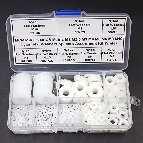 600PCS Metric M2 M2.5 M3 M4 M5 M6 M8 M10 Nylon Flat Washers Spacers Plastic Washers Assortment Kit (White) - color: White