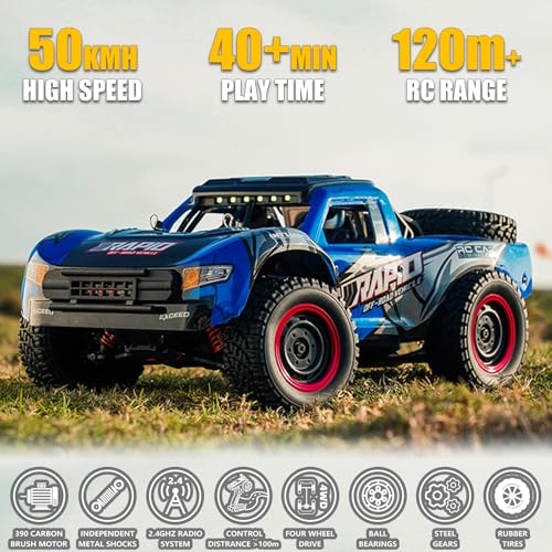 RC Cars 1:14 RC Truck 30 MPH 4WD Remote Control Car All Terrain Trophy Car for Adults Boys Teens Fast Off-Road RC Buggy Big Short Course Monster Truck with 2 Batteries 50 Mins Play (RTR) - color: 130-blue