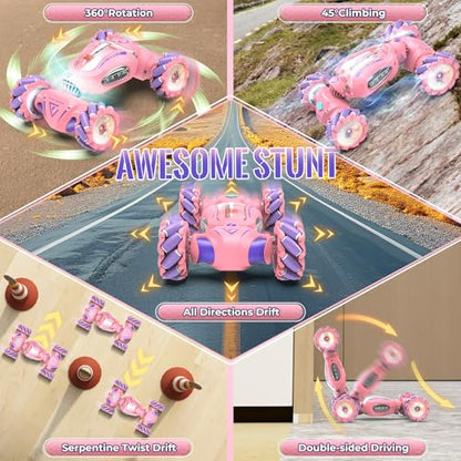Fosgoit Pink Remote Control Car Toys Gifts for Girls 6-12 | with Light & Music & Spray, 2.4Ghz 4WD Double-Sided 360° Rotating Gesture Sensing RC Stunt Car, Birthday for Girls Kids - color: Pink