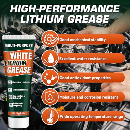 White Lithium Grease Tube with Brush, Multi-Purpose Lithium Grease, Garage Door Lubricant for Hinges, Bearings, Gears, Ideal for Automotive, Marine, Industrial, Waterproof & Rust-Proof (1)