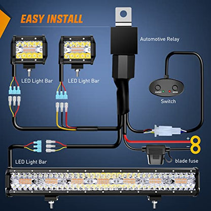 Nilight 20inch Light Bar 4inch Pod Amber White Strobe 6 Modes Light Kit | Constant/Flash 6 Modes Auxiliary Lights, Spot-Flood Combo Beam, 22" 420W bar 2×4" 60W Pod light w/ Wiring Harness - color: Amber&White - 20Inch Light Bar + 2Pcs 4Inch Pods + Wiring
