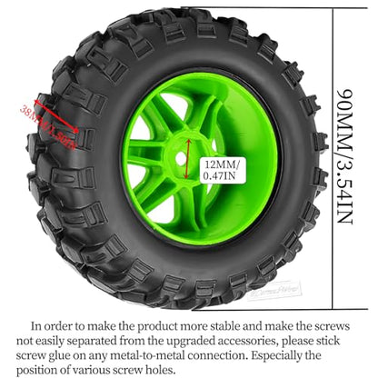 RC Wheels and Tires Off-Road Buggy Tires for 1/12 1/14 1/16 RC Off Road Monster Truck E-REVO Summit REDCAT HPI SAVAGEGT-2XS Volcano-16,1/12 1/14 1/16 Wheels Tires Set Pre-glued,Green