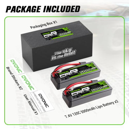 OVONIC 2S Hard Case Lipo Battery TRA Plug RC Car Battery 7.4V 120C Lipo for RC Car Trucks 1/8 1/10 RC Vehicles(2 Packs)