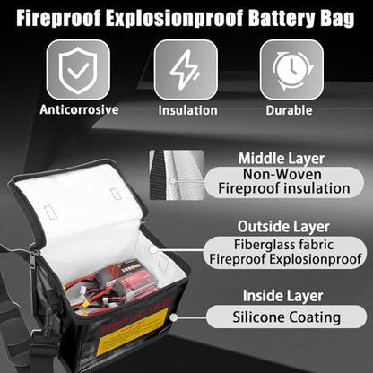 RC LiPo Battery Safe Bag, Fire-Resistant with Side Charging Port, Large Capacity Battery Guard Bag with Handle & Shoulder Strap for 2S 3S 4S 6S RC Car LiPo