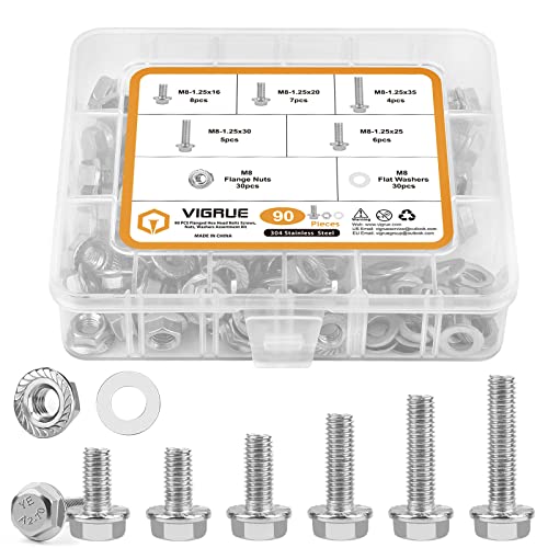 M8-1.25 x 16/20/25/30/35mm Flanged Hex Head Bolts, VIGURE 90PCS M8 Flange Hexagon Screws Serrated Flange Nuts Washers, Stainless Steel 18-8 (304), DIN 6921 - size: M8-1.25