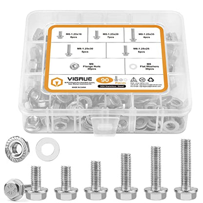 M8-1.25 x 16/20/25/30/35mm Flanged Hex Head Bolts, VIGURE 90PCS M8 Flange Hexagon Screws Serrated Flange Nuts Washers, Stainless Steel 18-8 (304), DIN 6921 - size: M8-1.25