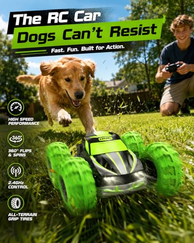 RC Stunt Car for Kids & Dog Chase Fun, 4WD Remote Control Car with Inflatable Bounce Tires, 360° Flips & Spins, Double-Sided Driving, LED Lights, Outdoor Backyard Toy, Gift for Boys Girls