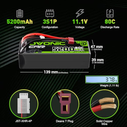 OVONIC Lipo Battery 11.1V 80C 5200mAh 3S Battery with T-Style Connector Hardcase Battery for RC Car Boat Truck Helicopter Airplane Racing Models(2 Packs)