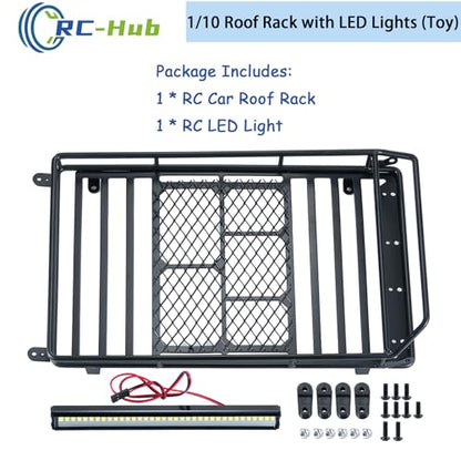 RC-Hub 1/10 Scale Roof Rack Luggage Carrier with LED Lights Bar 232 * 153mm RC Upgrade Parts for 1/10 Axial SCX10 SCX10 II III Wrangler 90046 AXI03007 RC Crawler Car | 232 * 153mm Luggage Carrier,White Lights Bar,RC Upgrade Parts