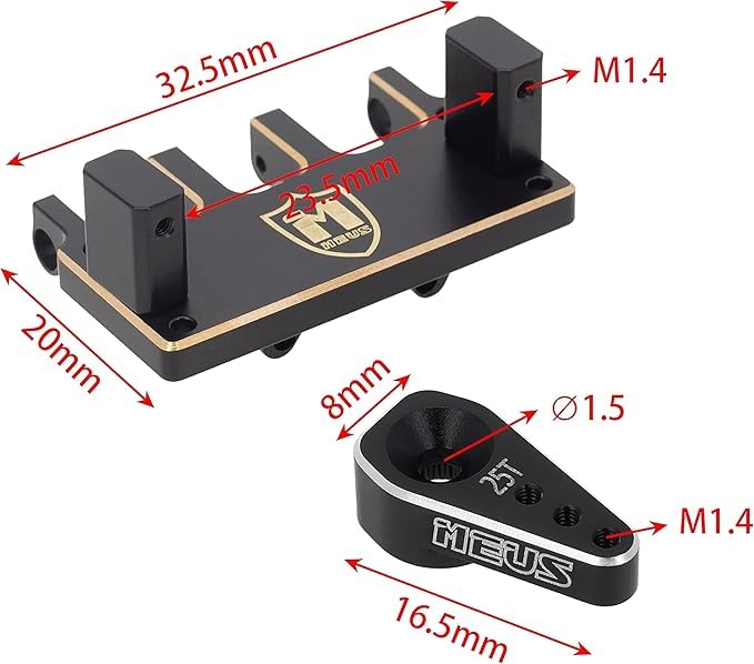 MEUS RACING Adjustable Brass Servo Mount + 25T Servo Arm for Axial SCX24 C10 JLU Bronco 1/24 RC Crawler Car Upgrade, for Stock AXLE