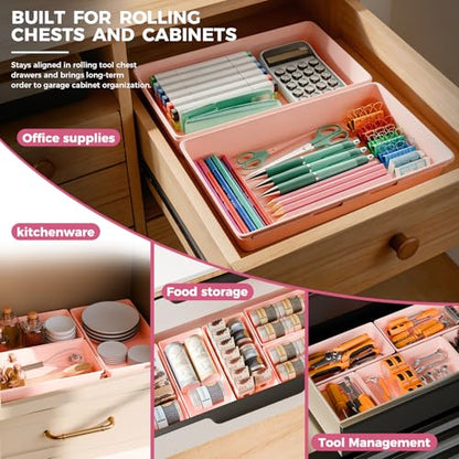 [6 PCS Extra-Large] Pink Drawer Organizer Trays with Non-Slip Pads, Interlocking Storage Bins for Vanity, Desk, Bathroom, Kitchen, Home Office and Utility Drawers - color: 6PCS PINK(XL)