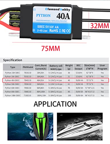 DH 40A 2-4S Waterproof Brushless ESC Electronic Speed Controller with 5V/6V 4A BEC and XT60 3.5mm Banana Head Connector for Model Ship RC Boat - size: 40A