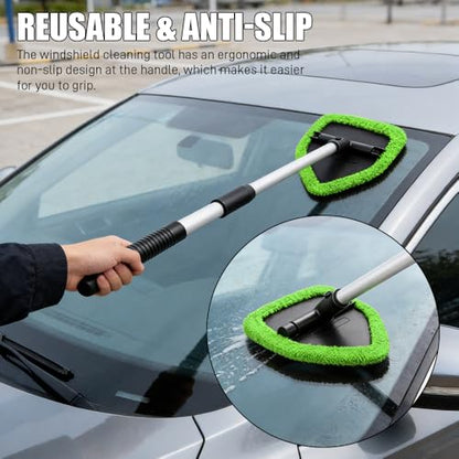 Windshield Cleaner Tool, Windshield Cleaning Tool, Car Window Detailing Cleaning Kit with Extendable Handle and Reusable Microfiber Pads, Auto Glass Wiper Brush for Car Office Home (Green) - color: Green